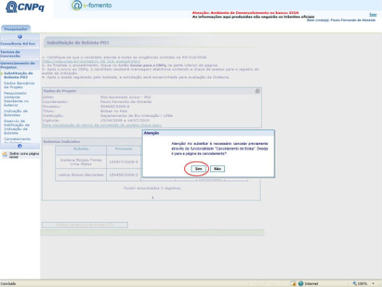 Botão para solicitar substituio de bolsista