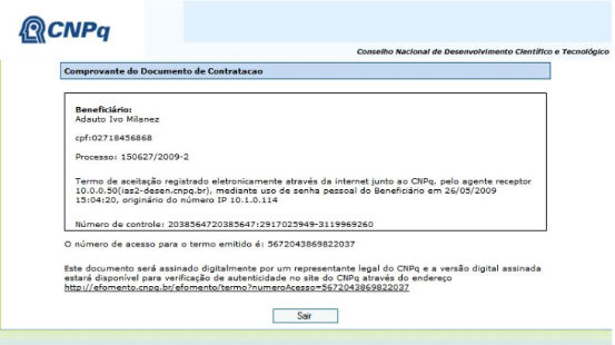 recibo para conferência da indicação de bolsista