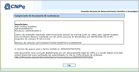 recibo para confer&ecirc;ncia da indica&ccedil;&atilde;o de bolsista